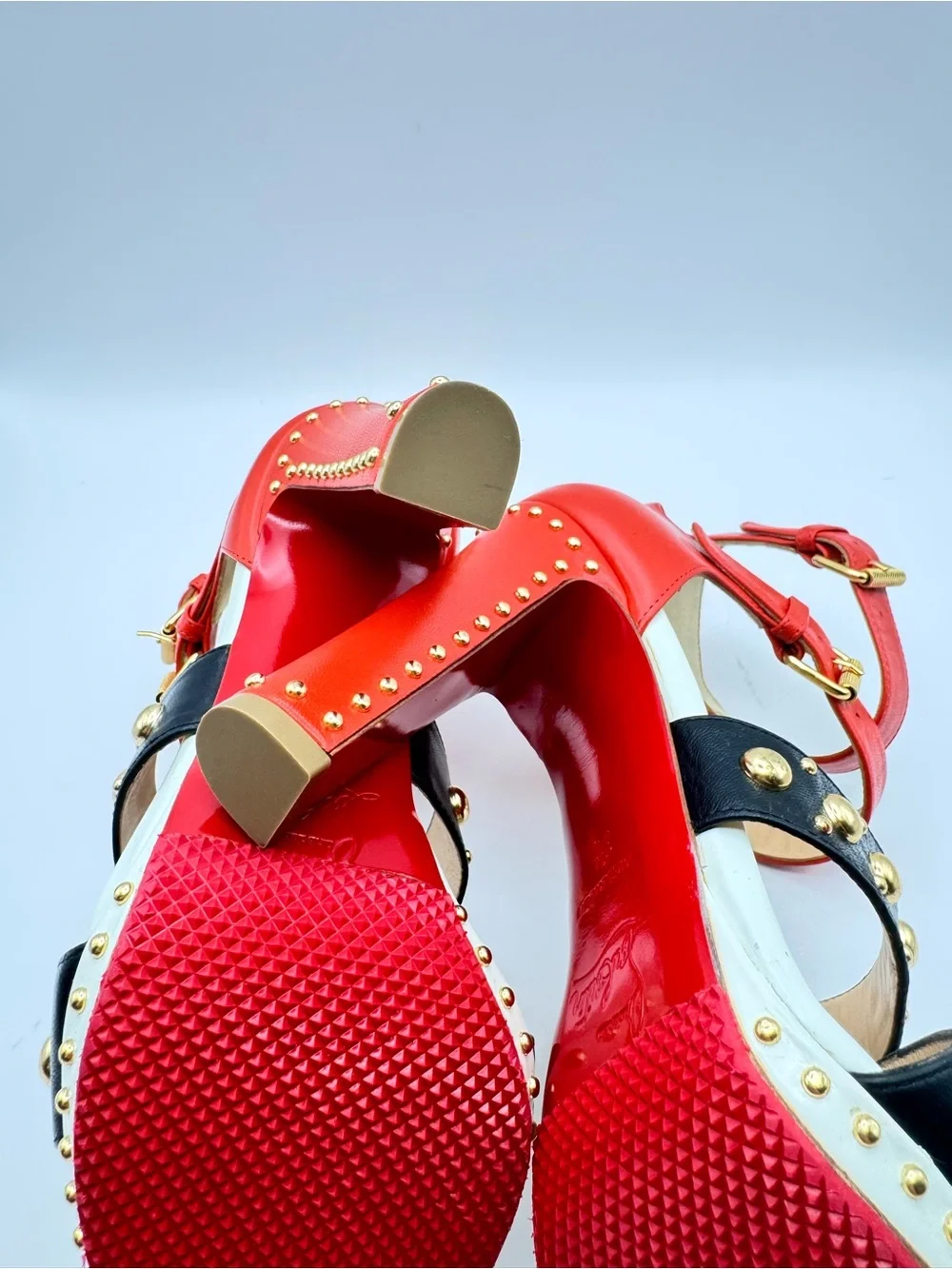 Christian Louboutin Decodame 120 Studded Red Black White Platform Sandals Sz 36
